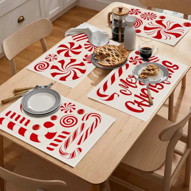 Christmas Lollipop Candy Placemat Red White Dining Table Mats Insulation Pad Coffee Cup Pad Navidad Home Kitchen Decor