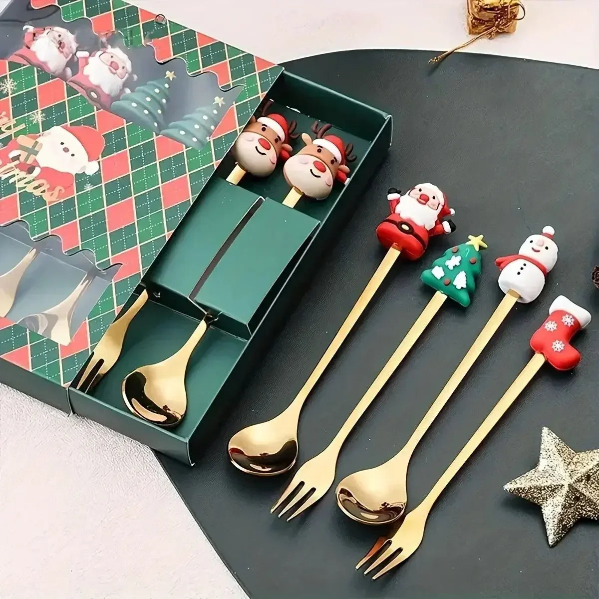 New Christmas Tableware Set Spoon and Fork Stainless Steel Creative Tableware Coffee Tea Dessert Spoon Exquisite Gift Set