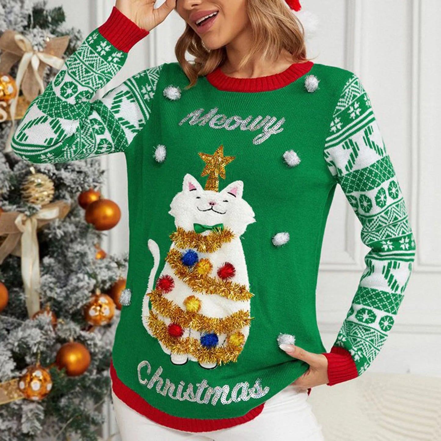 Sweater Women Christmas 2024 Ugly Sweater New Cartoon Cat Print O-Neck Autumn Winter Thick Loose Knitwears Tops Xmas Pullover