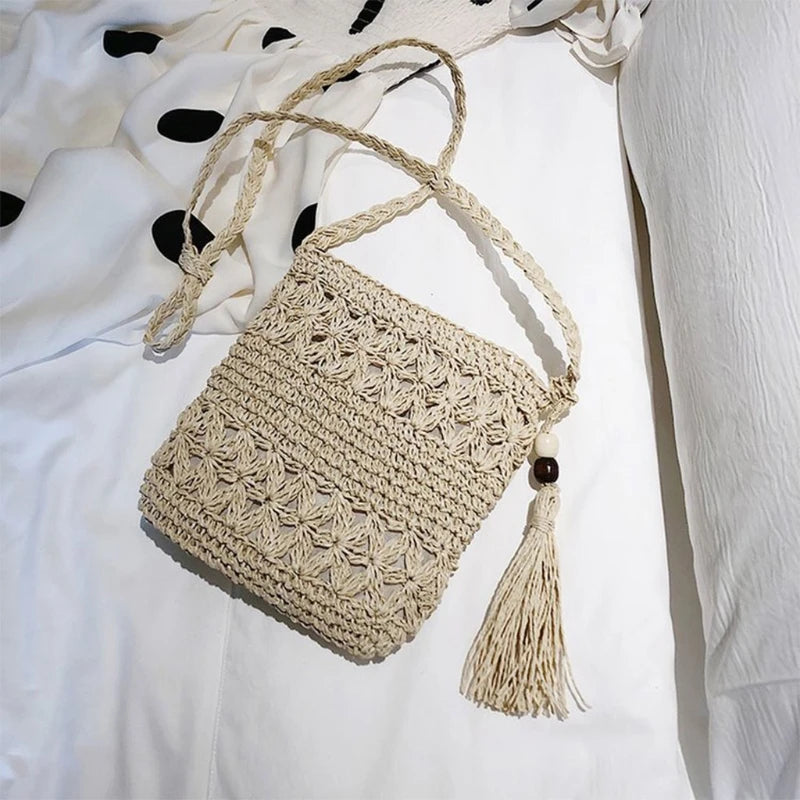 Women Beach Woven Straw Shoulder Messenger Bag with Tassel Boho Hollow Out Crochet Crossbody Handbag Macrame Purse