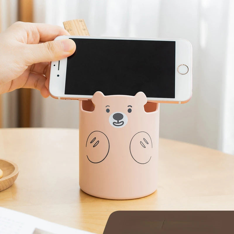 Kawaii Bear Pen Pencil Pot Holder Brush Storage Container Desk Organizer Multifunction phone holder Stationery Office Supplies