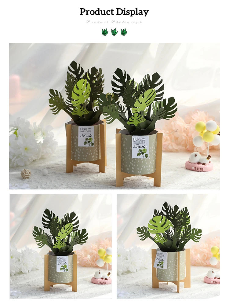 3D Monstera Potted Plant Pop-up Greeting Card with Envelope Flowers Postcard Birthday Cards Valentines Gifts Creative Home Decor