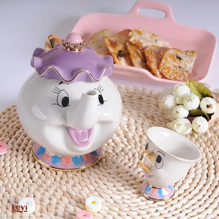 Disney Teapot Cute Cartoon Beauty And The Beast Coffee Pots Mug Mrs Potts Chip Cup Tea Pots Cup One Tea Sets Gift Droshipping