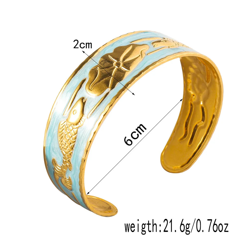 New Fashion Lotus Leaf Pattern Cuff Stainless Steel Bangle Bracelet Adjustable Women's Exaggerated Oil Drip Colorful Bracelet