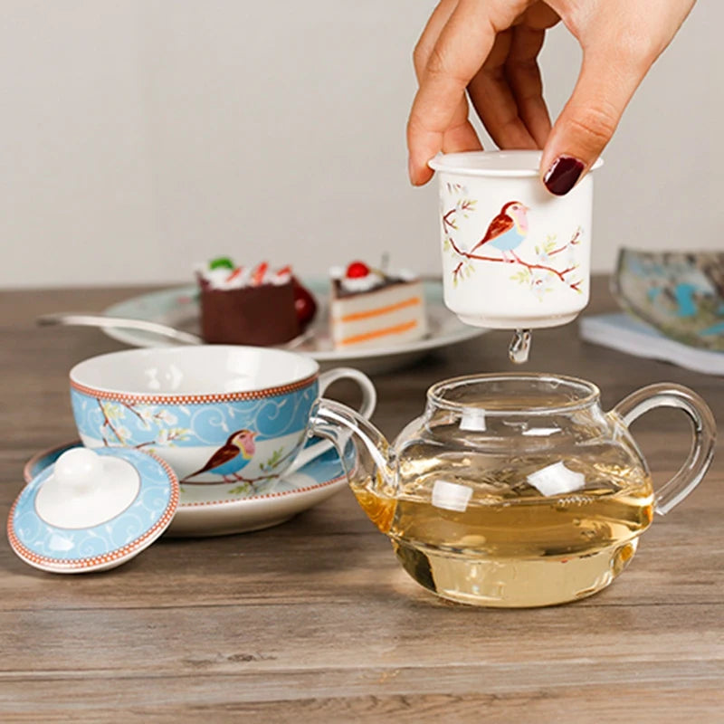 Ceramic Flower Teapot Flower Bird Cup Saucer Heat-Resistant Glass Pot Set Coffee Cup Afternoon Tea Tea Set