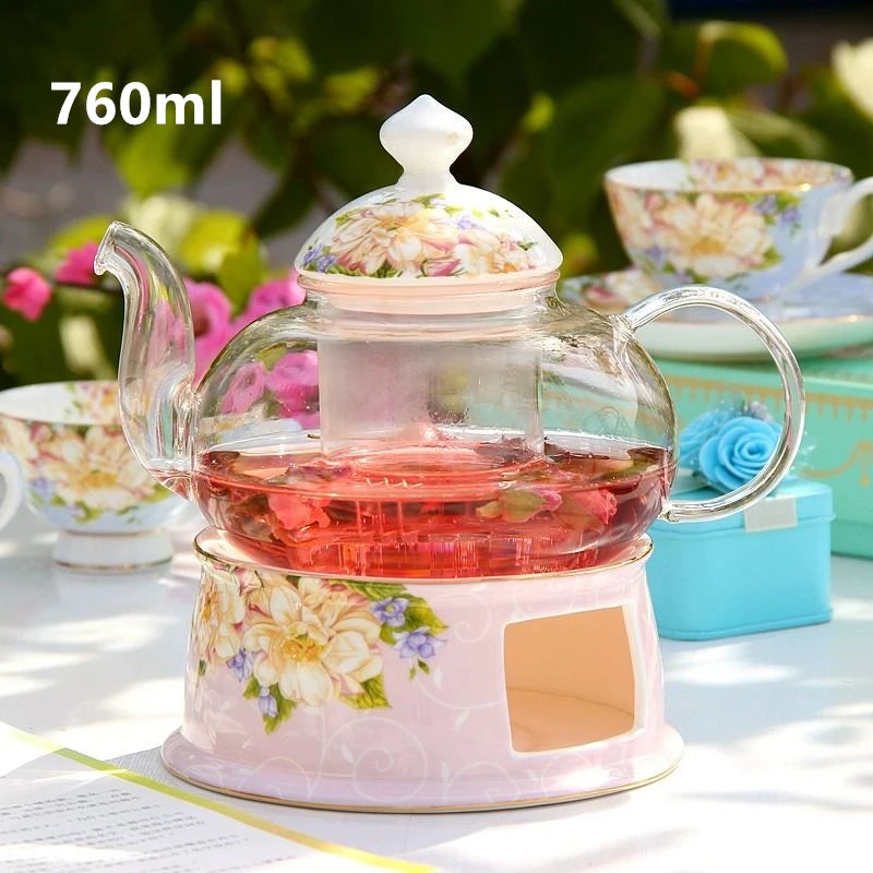 Europe Noble High-grade porcelain Tea Cup and Saucer Spoon English British Teaware Set Glass Teapot Tea Warmer set  Home Drinks