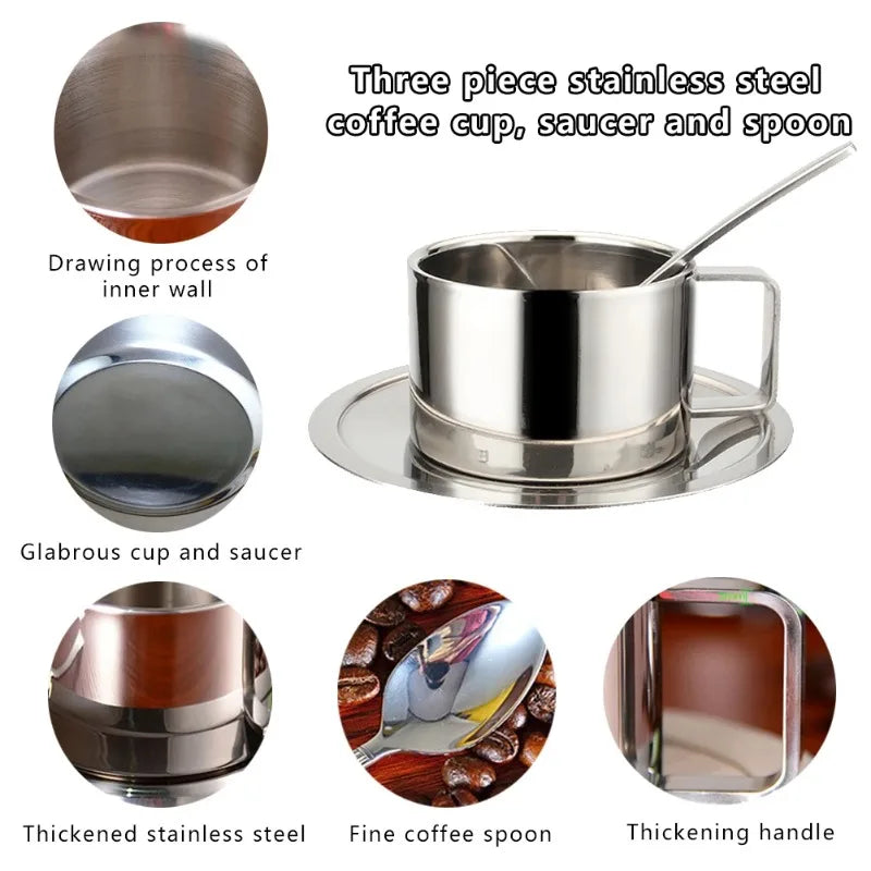 Stainless Steel Coffee Cup Set Double Walled Heat Resistant Mug with Saucer Spoon Drink Tableware Kitchen Cafe Accessories