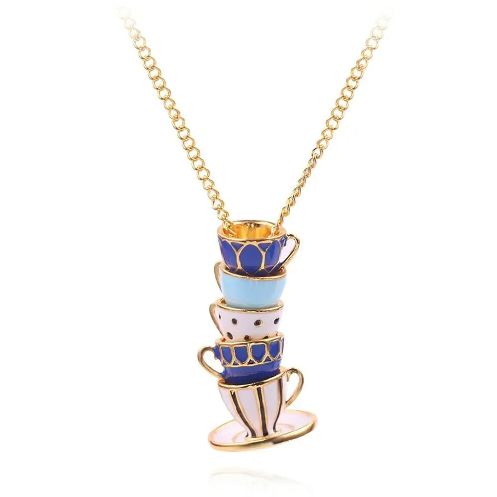 Teapot Locket Enamel Jewelry Hand Made Sweater Chain Coffee Cup pendant Long Necklace Earrings Tea Cup Necklace Teapot Necklace