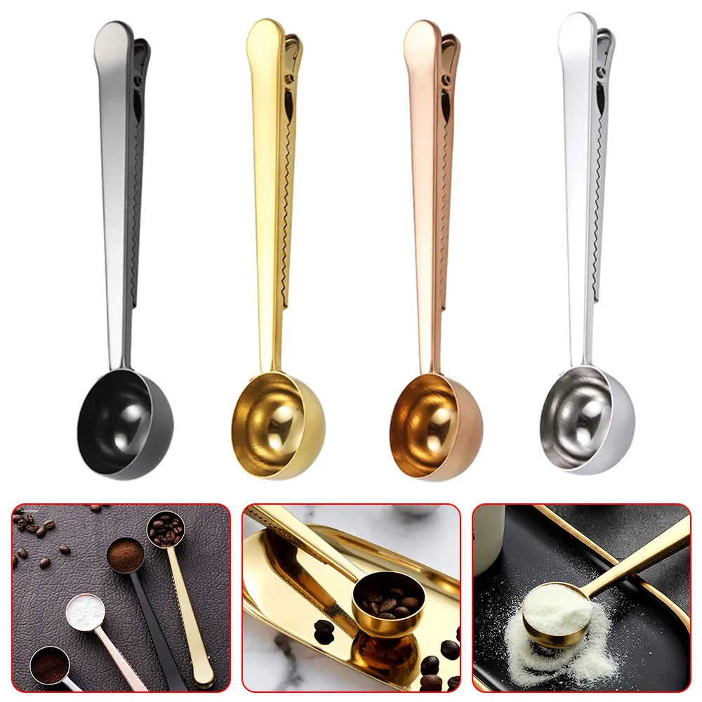 2 in 1 Creative Coffee Spoon 5ml Stainless Steel Multifunctional Coffee Scoop with Sealing Clip Kitchen Measuring Coffee Scoop