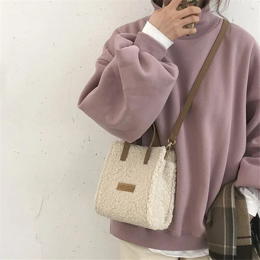 2023 Women Winter Shoulder Bag Lamb Wool Warm Soft Autumn Ins Square Cross-body Portable Casual Beige Khaki Girls Preppy Style