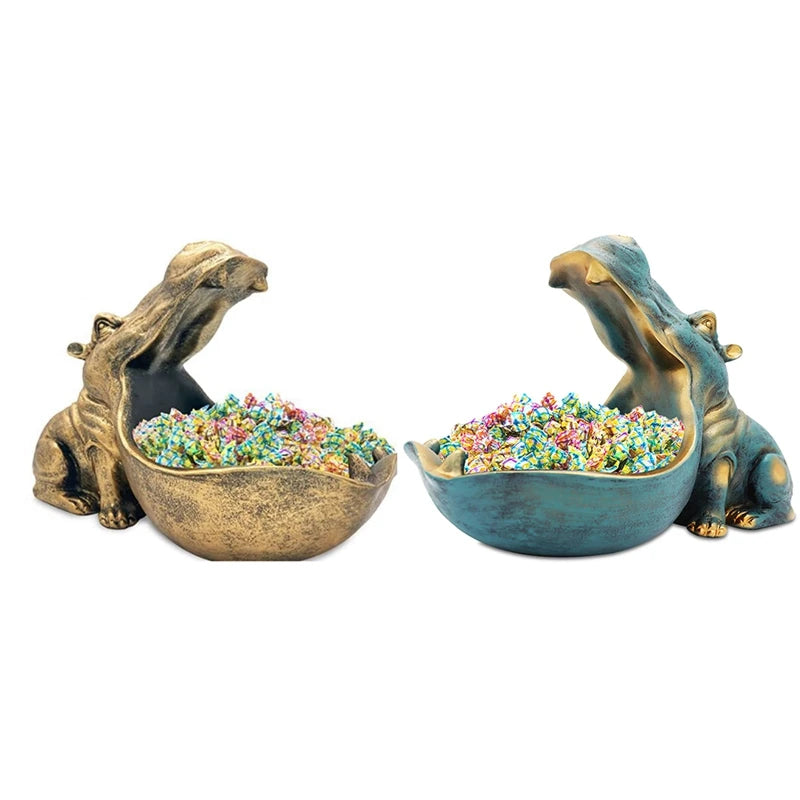 Hippo Figurine Candy Dish & Key Bowl Unique Resin Hippopotamus Statue For Office Desk & Entry Table Decor