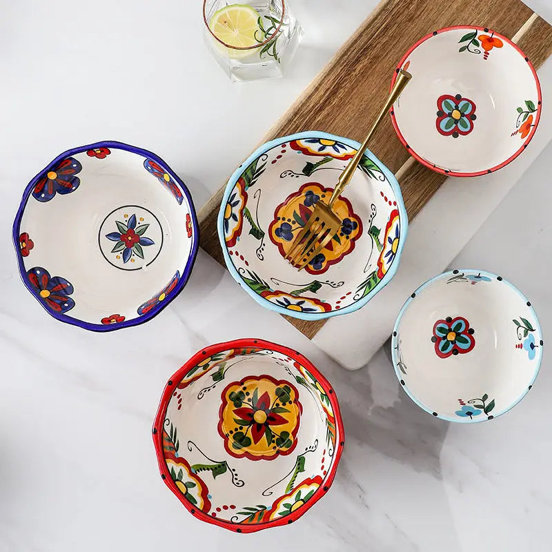 Creative Bowl Ceramic Bohemian Hand-Painted Rice Bowl  Instant Noodle Bowl Household Fruit Salad Bowl Kitchen Tableware