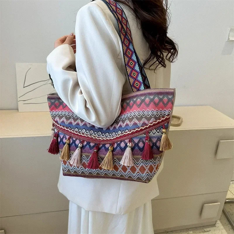 Large Capacity Ethnic Style Fashionable Simple Elegant Handbag 2023 Autumn New Style Shoulder Bag Women's Commuter Tote Bag