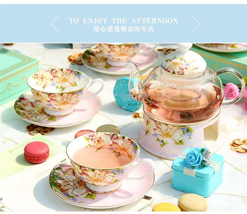 Europe Noble High-grade porcelain Tea Cup and Saucer Spoon English British Teaware Set Glass Teapot Tea Warmer set  Home Drinks