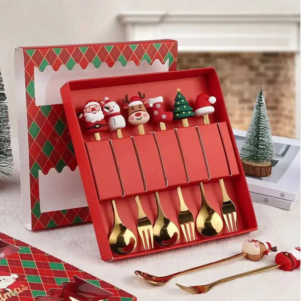 New Christmas Tableware Set Spoon and Fork Stainless Steel Creative Tableware Coffee Tea Dessert Spoon Exquisite Gift Set