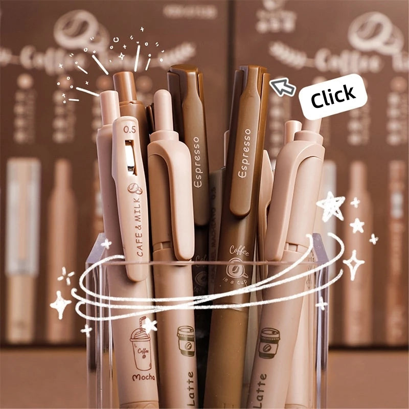 6pcs Coffee Time Gel Pens Highlighter Set 0.5mm Ballpoint Black Color Ink & Coffee Marker for Writing A7439