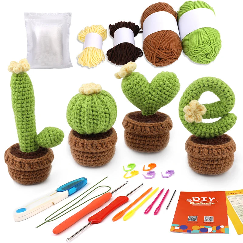 KRABALL 4pcs Crochet Potted Kit for Beginners With Instructions Knitting Yarn Thread Needles Easy Knit Accessories DIY Craft