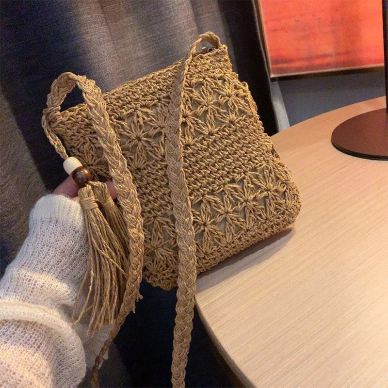 Women Beach Woven Straw Shoulder Messenger Bag with Tassel Boho Hollow Out Crochet Crossbody Handbag Macrame Purse