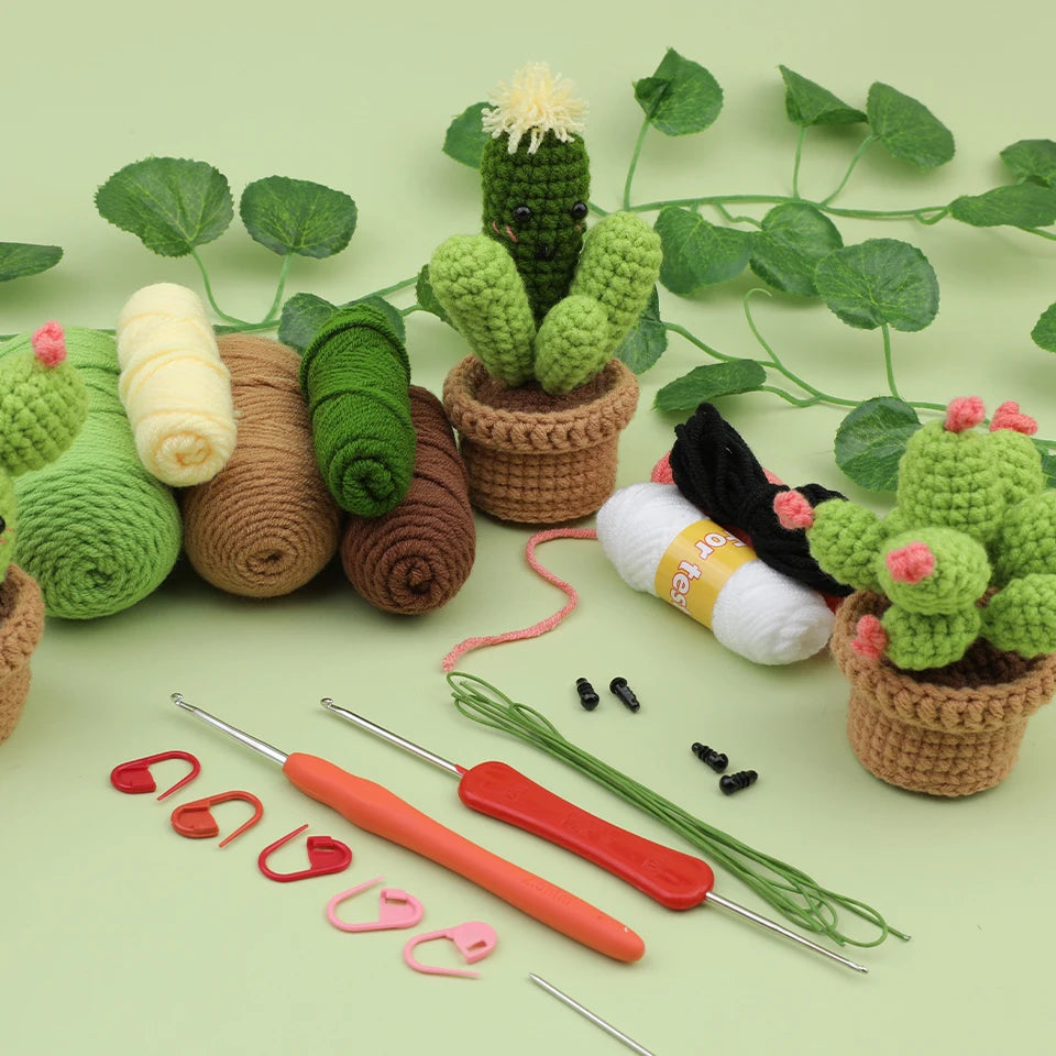 MIUSIE Beginner Crochet Kit Cactus Potted Plant Creative Crochet DIY Keychai Knitting Key Holder Crochet Dolls Material Pack