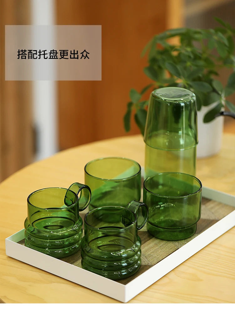 Green Glass Teacup Set for Home Office Use Heat-Resistant Glass Durable with Green Milk Mug Jug with Cup Coffee Mugs