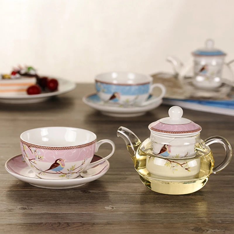 Ceramic Flower Teapot Flower Bird Cup Saucer Heat-Resistant Glass Pot Set Coffee Cup Afternoon Tea Tea Set