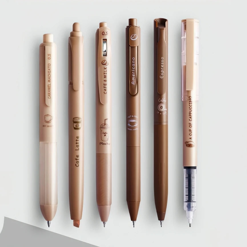 6pcs Coffee Time Gel Pens Highlighter Set 0.5mm Ballpoint Black Color Ink & Coffee Marker for Writing A7439