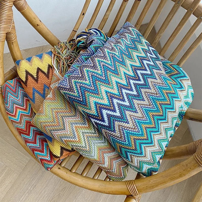 Bohemian Throw Blanket Geometric Knitted Blanket for Bed Plaid Living Room Boho Home Decor Travel Thread Blanket With Tassel