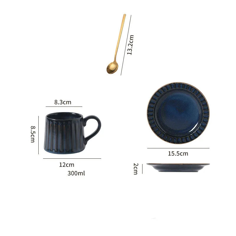 300ML Japanese Retro Rough Pottery Mug Unique Ceramic Office Coffee Cup Dish Set Home Creative Vertical Pattern Brewing Tea Cup