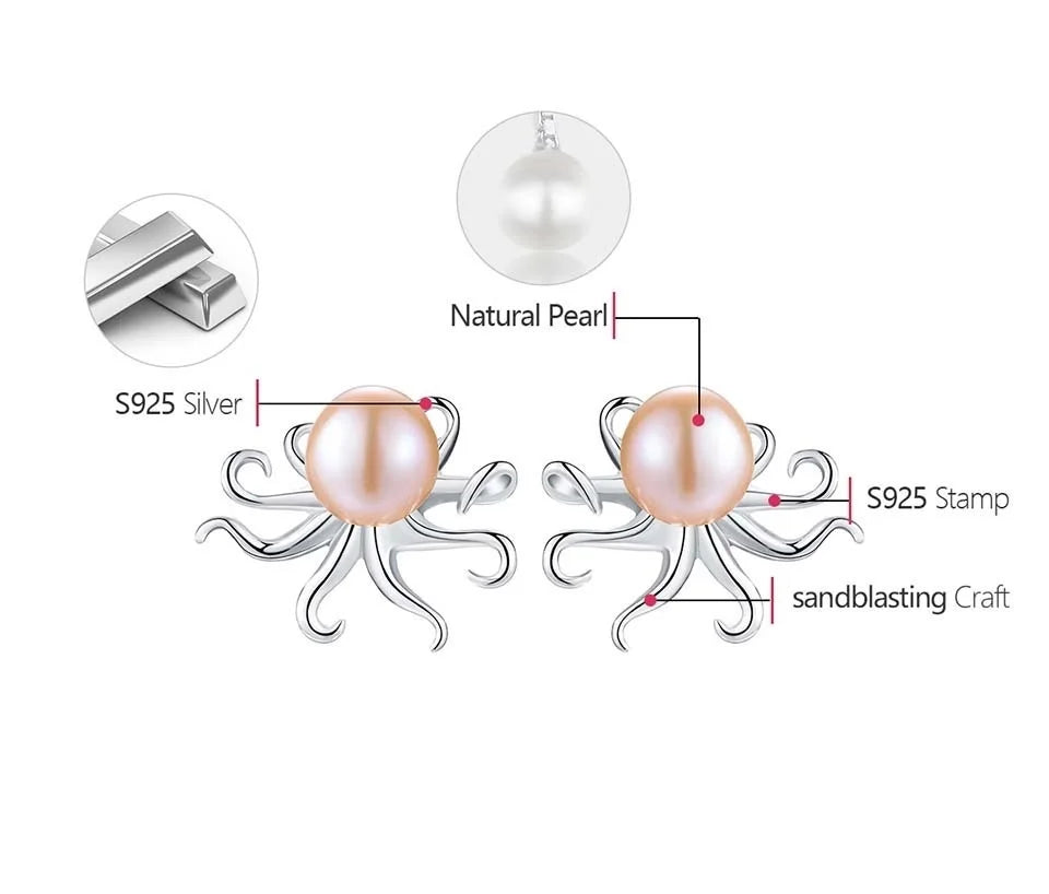 Lotus Fun Creative Octopus Natural Pearl Stud Earrings for Women Real 925 Sterling Silver Original Statement Luxury Fine Jewelry