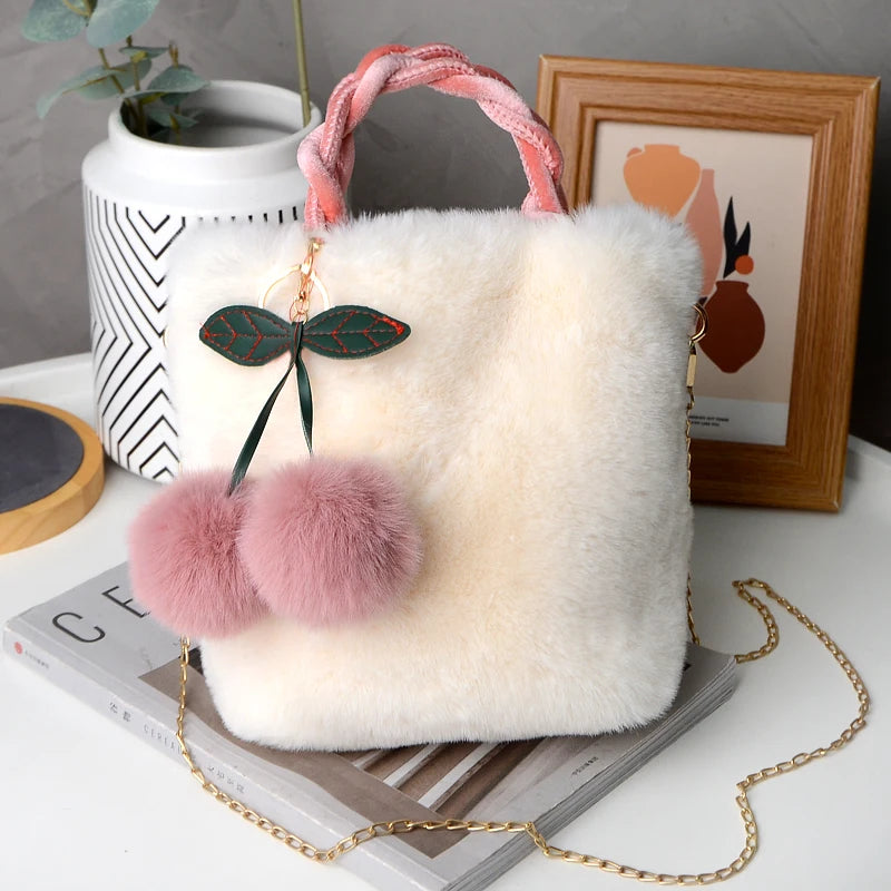 New Fashion Soft Plush Handbag Winter Furry Ladies Clutch Purse Shoulder Bags Causal Female Cherry Pendant Messenger Bag