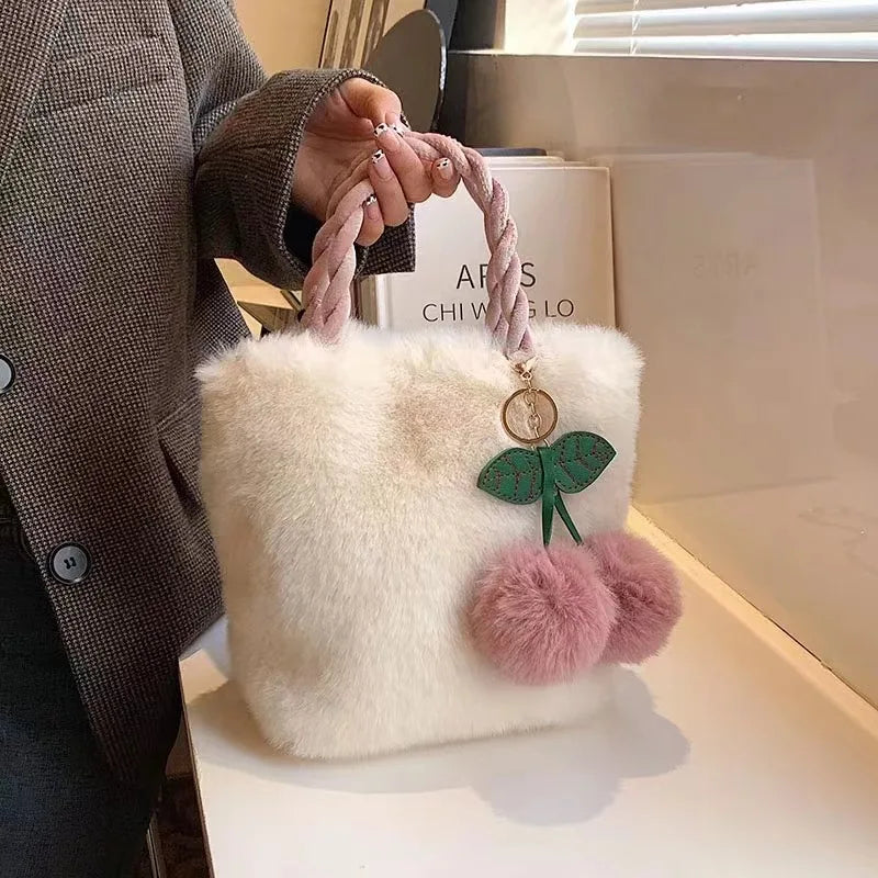 New Fashion Soft Plush Handbag Winter Furry Ladies Clutch Purse Shoulder Bags Causal Female Cherry Pendant Messenger Bag