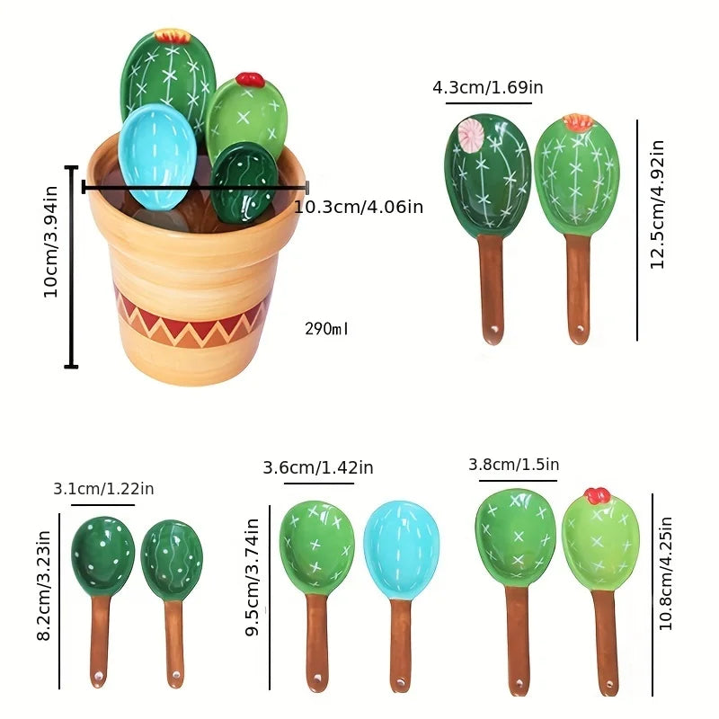 1set Ceramic Cactus Measuring Spoons Set Adorable Functional Kitchen Utensils with Holder Cup Unique Home Ornament Measuring Cup