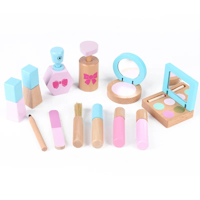 12pcs/Set Wooden Simulation Beauty Makeup Toy Girls Cosmetic Kit Pretend Play Fun Children's Birthday Gift Creative Educational