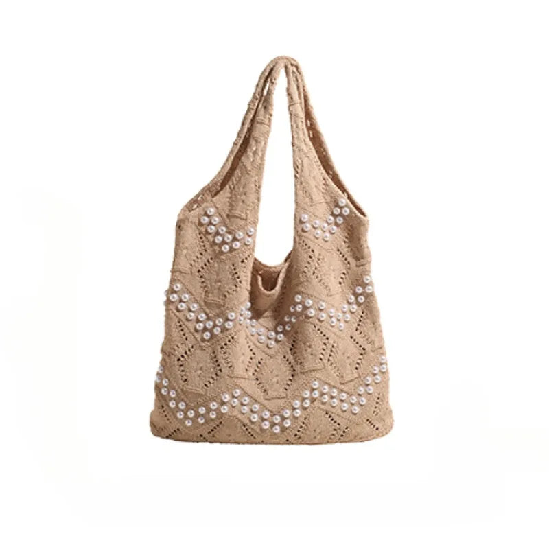 Hollow Out Large Capacity Knitting Shoulder Bags Pearl Unique Design Grace Sense of Luxury Hand Bags for Women 2024 Casual Tote