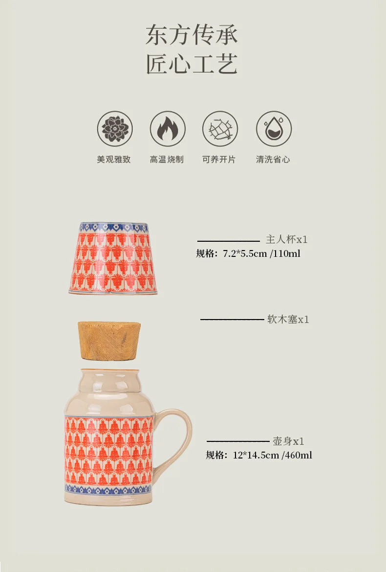 Chinese Style Teacup Set with Ruyao WanHua, Small Warm Pot, Lid Mug, Large Capacity Ceramic Hand Warmer, Travel Tea Pot + Cup