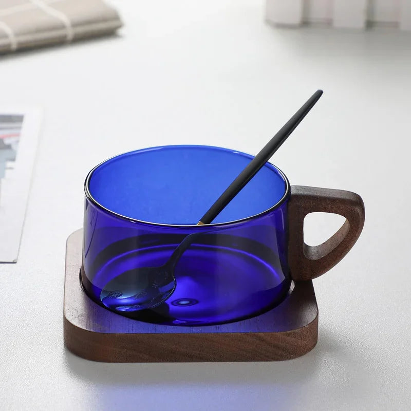 200ml Glass American Latte Coffee Cup With Wooden Tray High Borosilicate Heat-resistant Milk Tea Cup Fresh Ground Coffee Mug