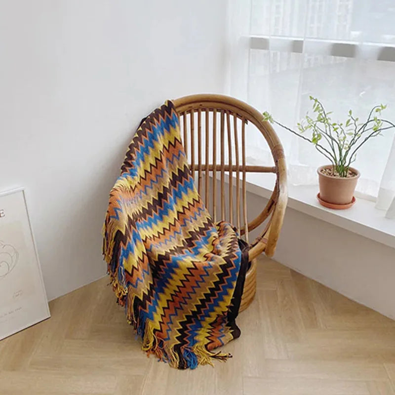 Bohemian Throw Blanket Geometric Knitted Blanket for Bed Plaid Living Room Boho Home Decor Travel Thread Blanket With Tassel