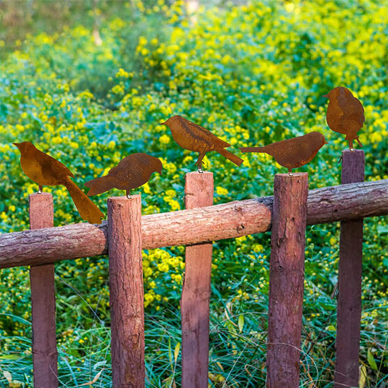 4pcs/set Rusty Metal Bird Ornament Iron Crafts Bird Shaped Art Silhouette Sculpture Outdoor Garden Fence Decoration