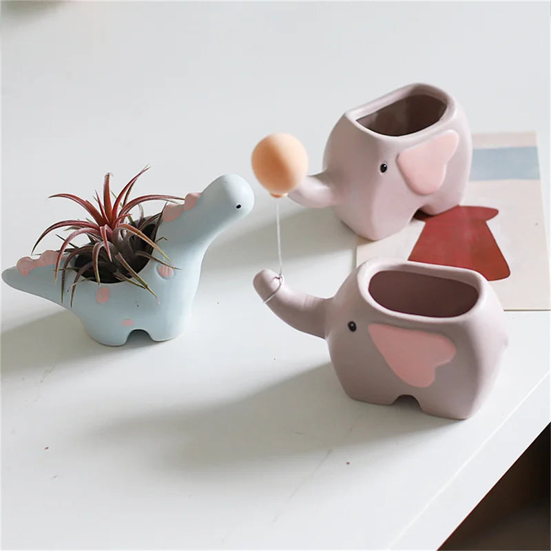 Creative Flower Shape Plant Pot Ceramic Pots for Flowers Cartoon Elephant Dinosaur Succulent Pot Cute Home Table Decor Vase