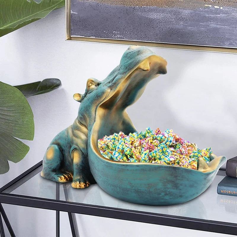 Hippo Figurine Candy Dish & Key Bowl Unique Resin Hippopotamus Statue For Office Desk & Entry Table Decor