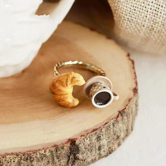 Unique Croissant and Coffee Design Adjustable Finger Rings For Women Statement Jewelry Cute Girls Ring With Coffee Cup 2024 New