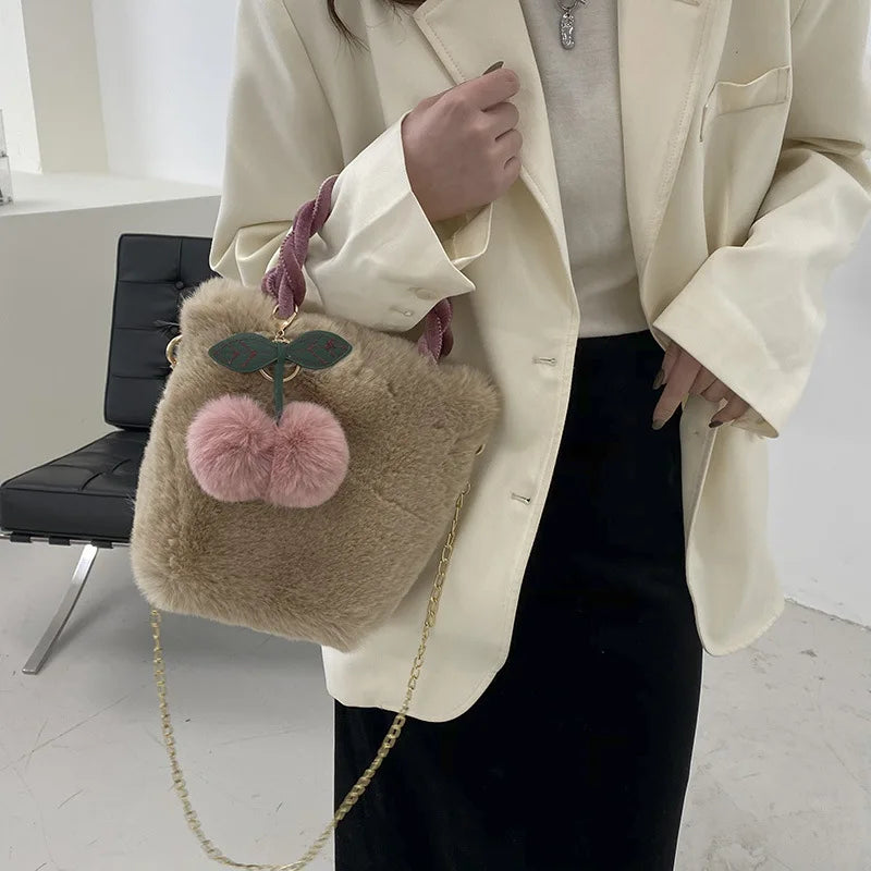 New Fashion Soft Plush Handbag Winter Furry Ladies Clutch Purse Shoulder Bags Causal Female Cherry Pendant Messenger Bag