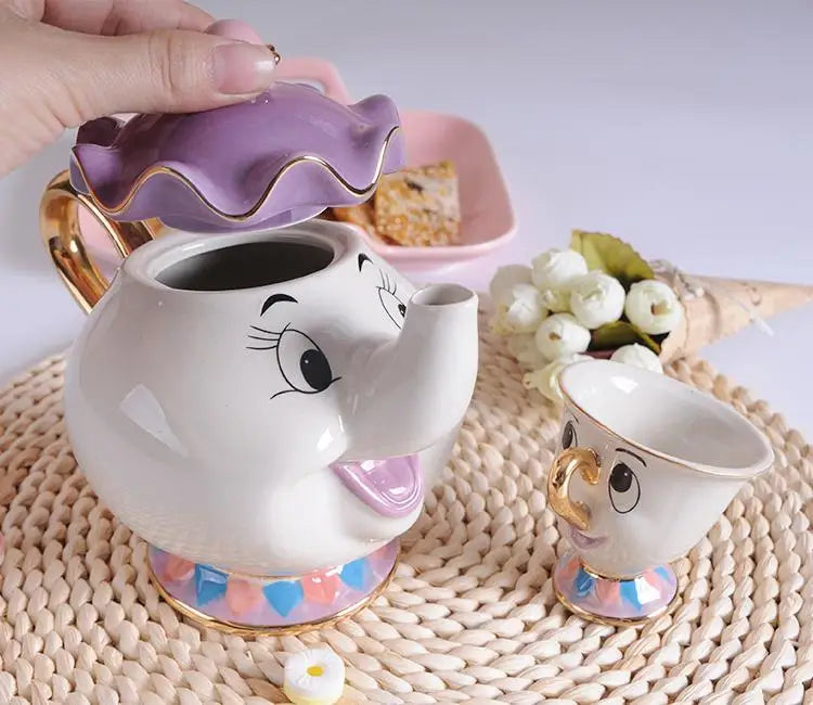 Disney Teapot Cute Cartoon Beauty And The Beast Coffee Pots Mug Mrs Potts Chip Cup Tea Pots Cup One Tea Sets Gift Droshipping