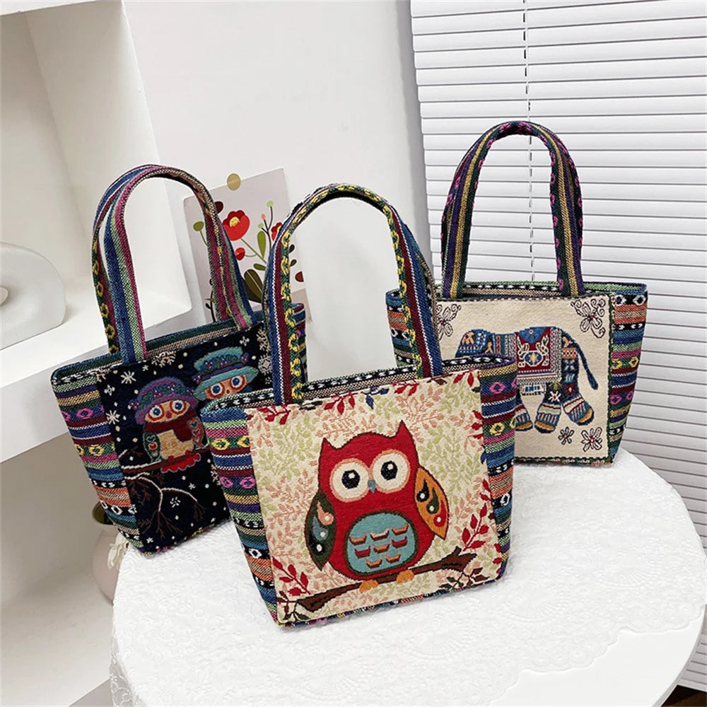 Women Embroidered Tote Bag Retro Owl Elephant Printed Handbags Ladies Large Capacity Reusable Shopping Bag Female Shoulder Bag