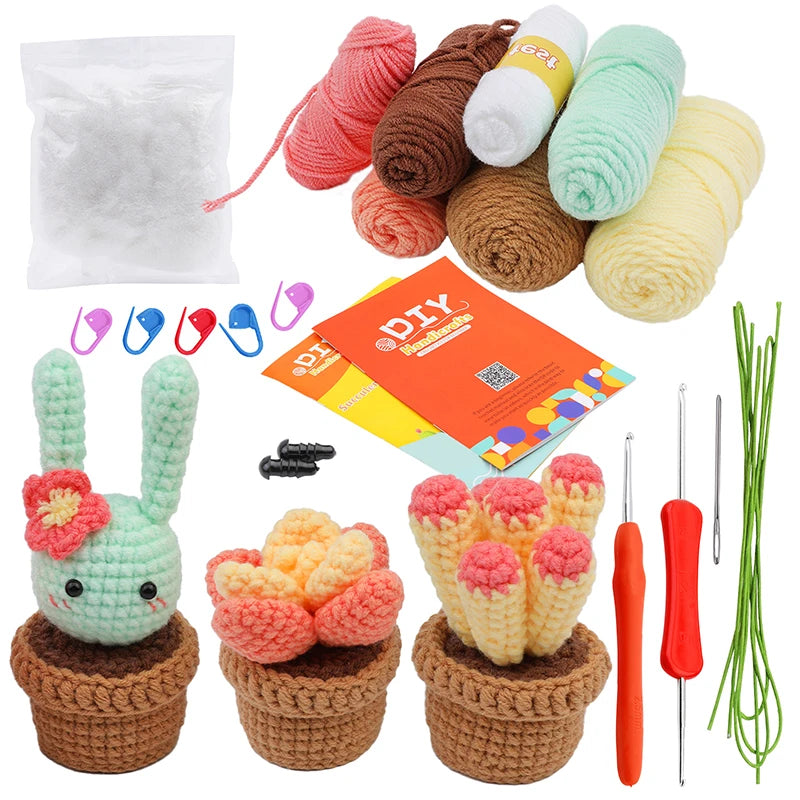 MIUSIE Beginner Crochet Kit Cactus Potted Plant Creative Crochet DIY Keychai Knitting Key Holder Crochet Dolls Material Pack