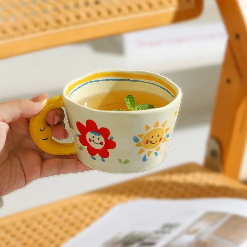 Ceramic Mug Lovely Hand Painted with Moon Handle Creative Breakfast Cup Kitchen Drinkware Milk Tea Coffee Mugs for Birthday Gift