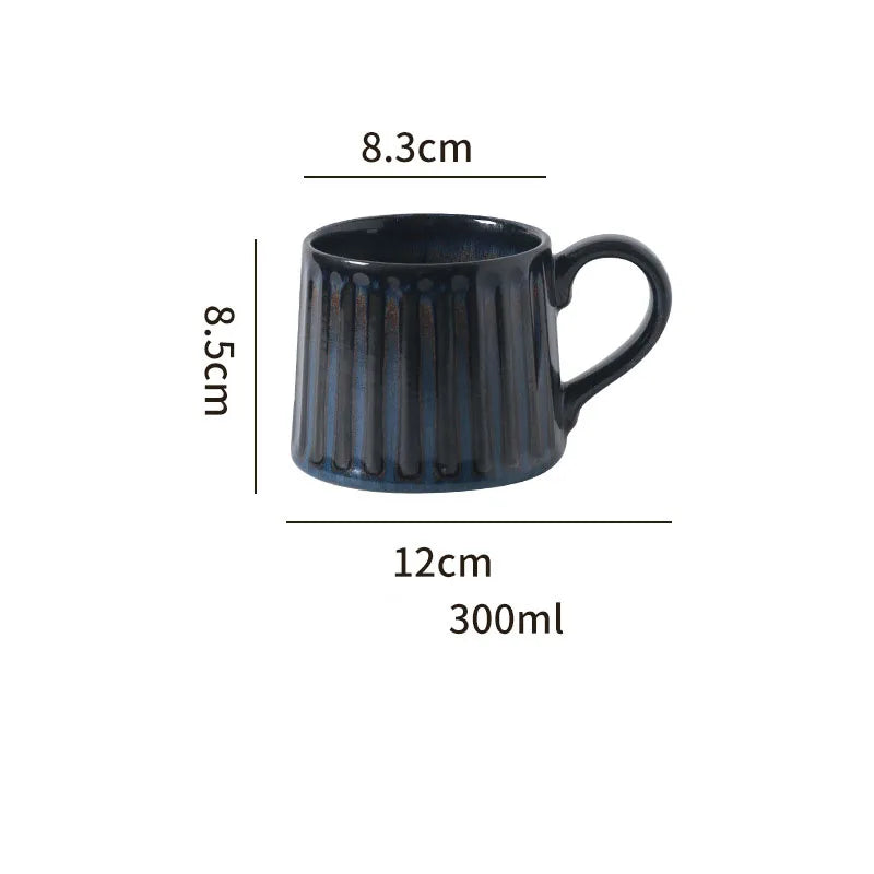 300ML Japanese Retro Rough Pottery Mug Unique Ceramic Office Coffee Cup Dish Set Home Creative Vertical Pattern Brewing Tea Cup