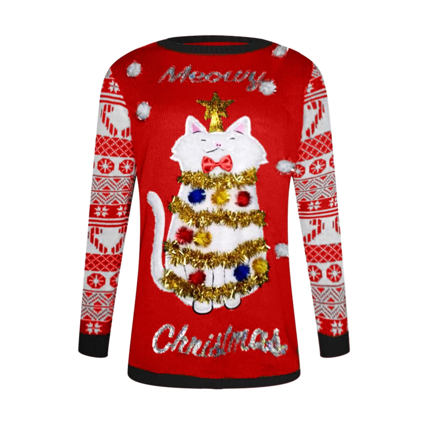 Sweater Women Christmas 2024 Ugly Sweater New Cartoon Cat Print O-Neck Autumn Winter Thick Loose Knitwears Tops Xmas Pullover