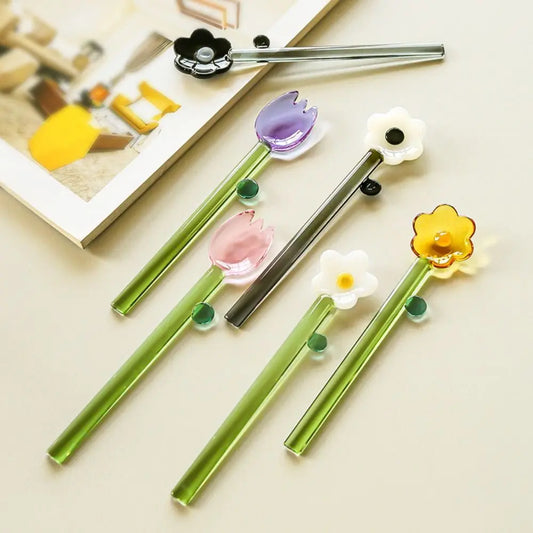 Long handle Glass Spoon Creative Transparent Glass Dessert Spoon Flower Shaped Colored Coffee Stirring Spoon Stick Bar