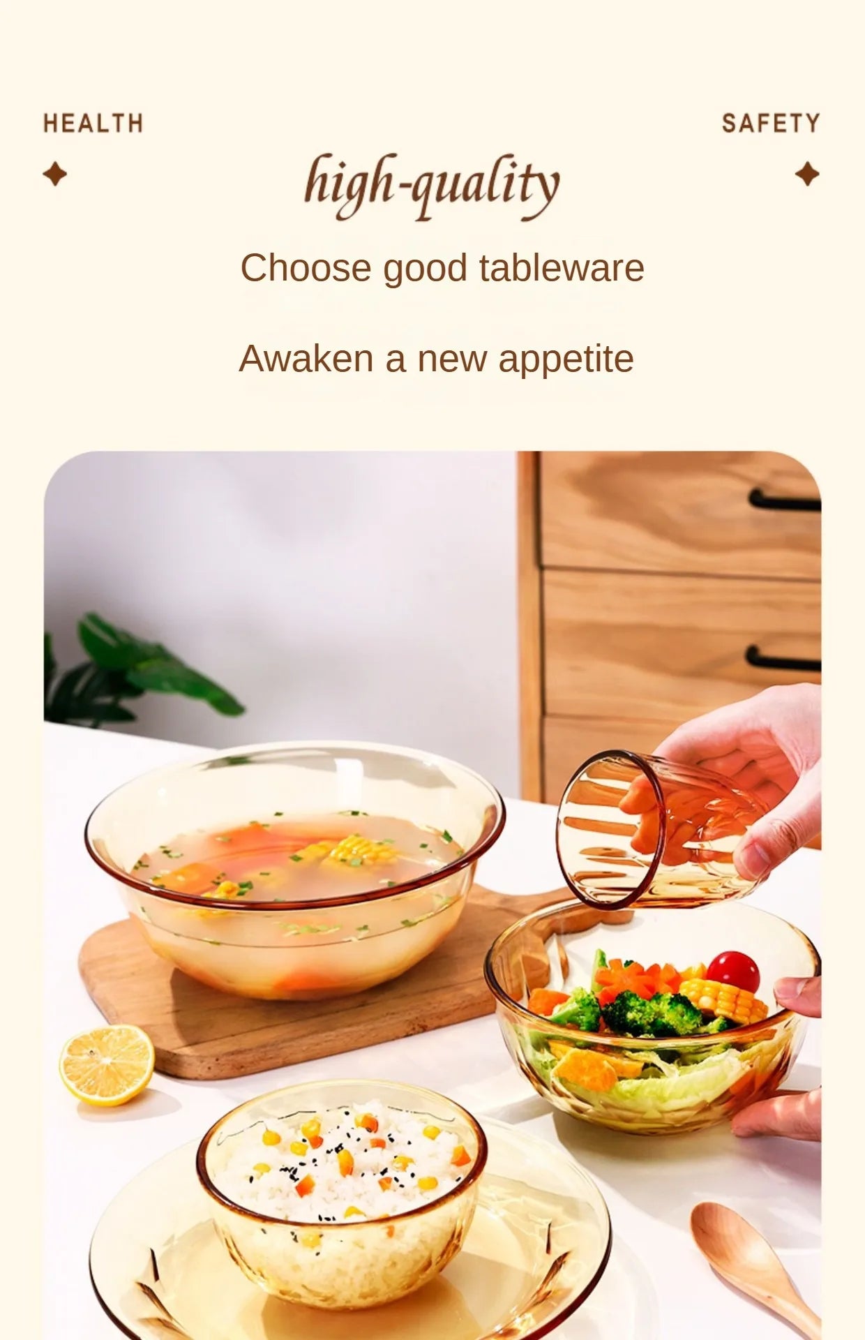 Glass bowl, high temperature resistant household large microwave oven special tableware, amber noodle salad bowl